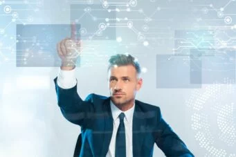 A lawyer touches an advanced AI tech screen